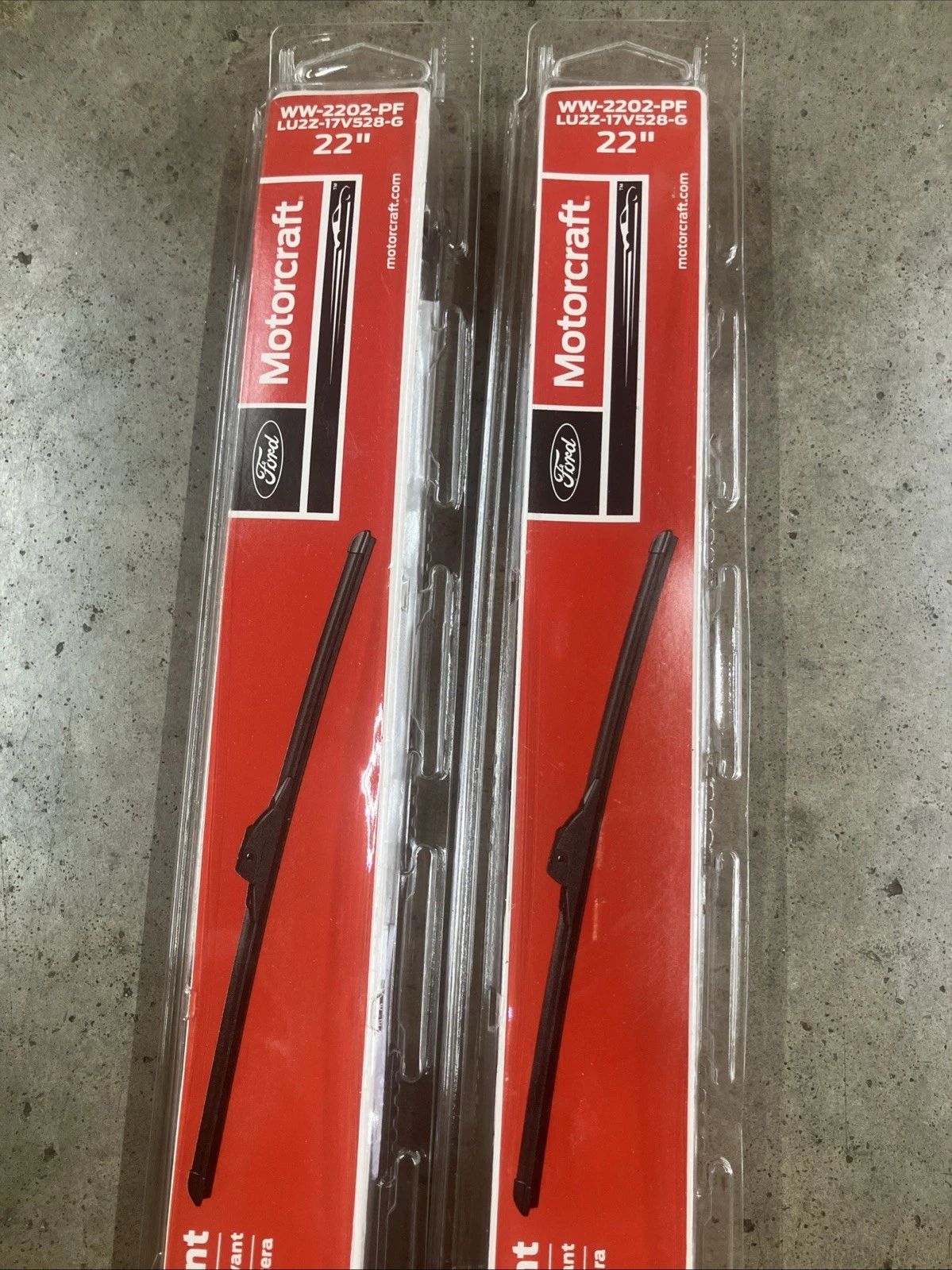 Two packaged red-label Motorcraft 22-inch windshield wiper blades