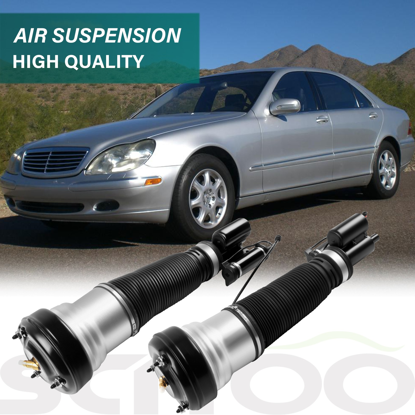 Promotional image showing two air suspension struts and a Mercedes sedan